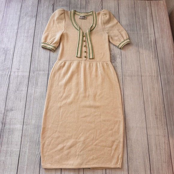 St. John Dresses & Skirts - St John Santana Knit Vintage Midi Dress Cream Green Gold Button Puff Sleeve S